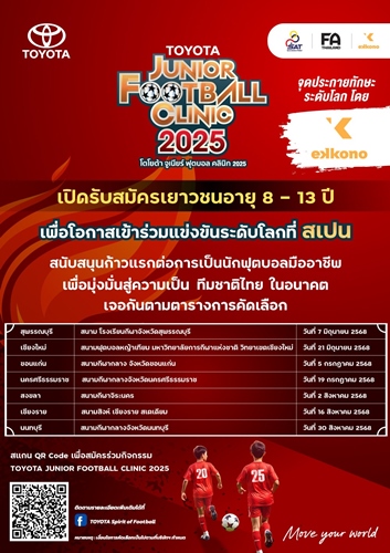 โตโยต้าสานต่อความมุ่งมั่น พัฒนาเยาวชนไทยสู่ฟุตบอลระดับโลก จัดโครงการ “TOYOTA Junior Football Clinic 2025” เดินสายเฟ้นหา 23 นักเตะเยาวชนไทย 