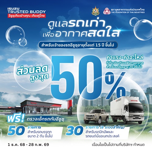 อีซูซุชวนลูกค้าตรวจเช็กสภาพรถฟรี ร่วมลดปัญหามลพิษทางอากาศ กับแคมเพจ์น “ดูแลรถเก่า..เพื่ออากาศสดใส”