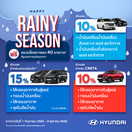 ฮุนไดจัดแคมเปญ “Happy Rainy Season” มอบบริการตรวจเช็คสภาพรถยนต์ฟรี 40 รายการ พร้อมส่วนลดพิเศษค่าอะไหล่