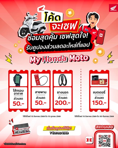 รถจักรยานยนต์ฮอนด้า มอบโปรโมชันส่วนลดอะไหล่แท้ ผ่าน My Honda Moto ชวนลูกค้าดูแลรถในราคาสุดคุ้ม